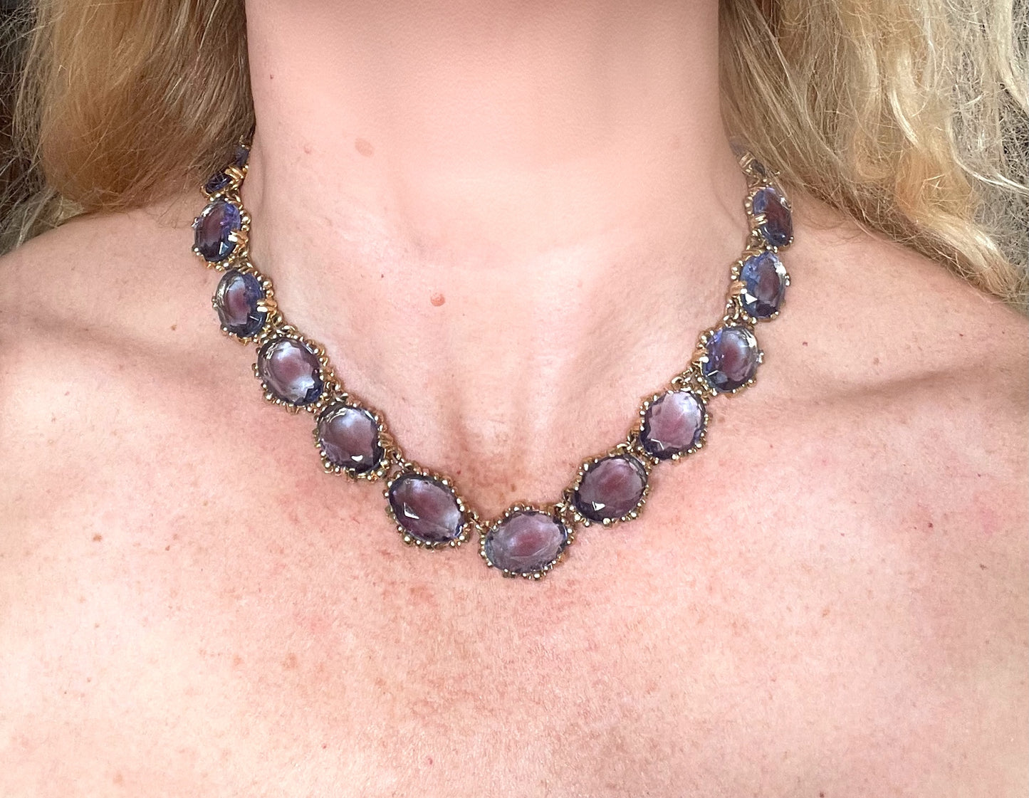 Vintage beautiful bi-colour amethyst purple and sapphire blue crystal rhinestone riviere necklace by Sphinx, rare and delicate colours