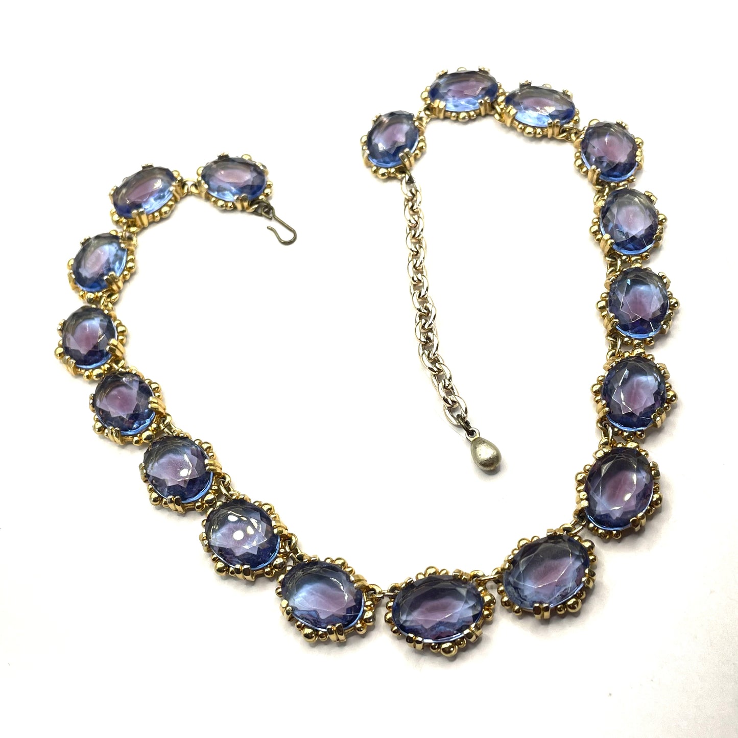 Vintage beautiful bi-colour amethyst purple and sapphire blue crystal rhinestone riviere necklace by Sphinx, rare and delicate colours