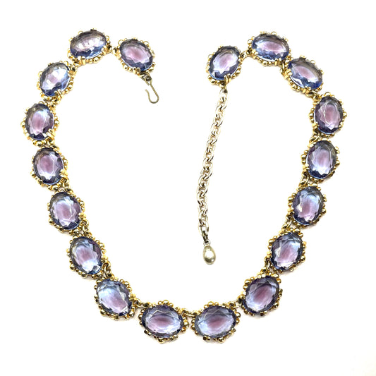 Vintage beautiful bi-colour amethyst purple and sapphire blue crystal rhinestone riviere necklace by Sphinx, rare and delicate colours
