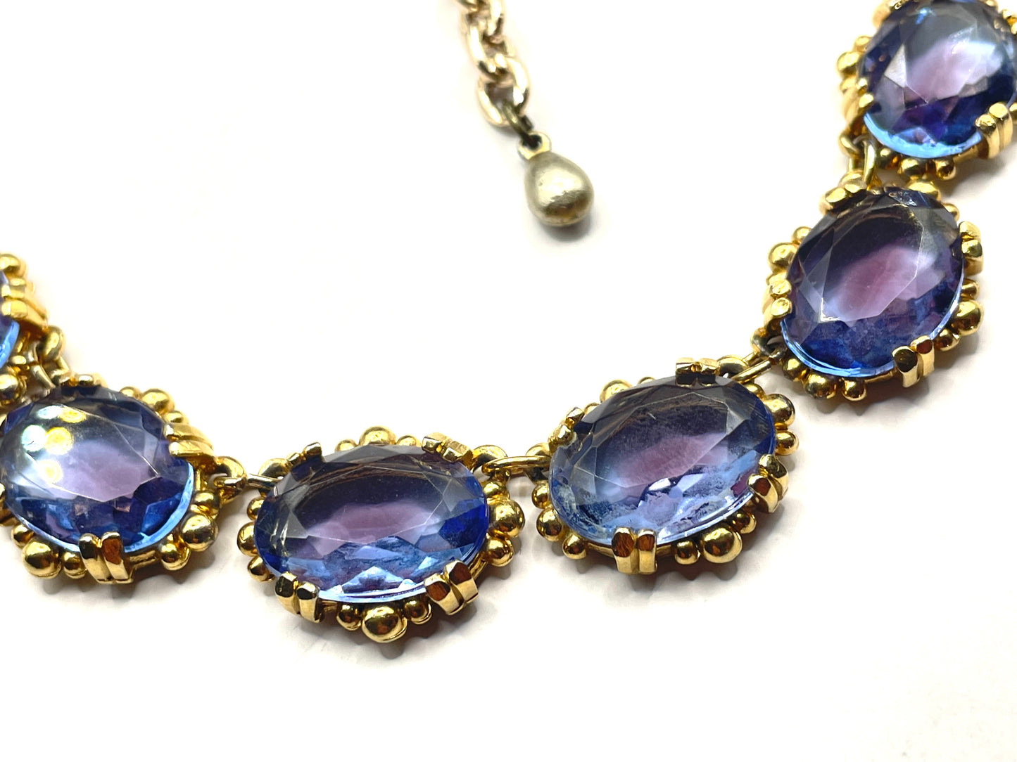 Vintage beautiful bi-colour amethyst purple and sapphire blue crystal rhinestone riviere necklace by Sphinx, rare and delicate colours