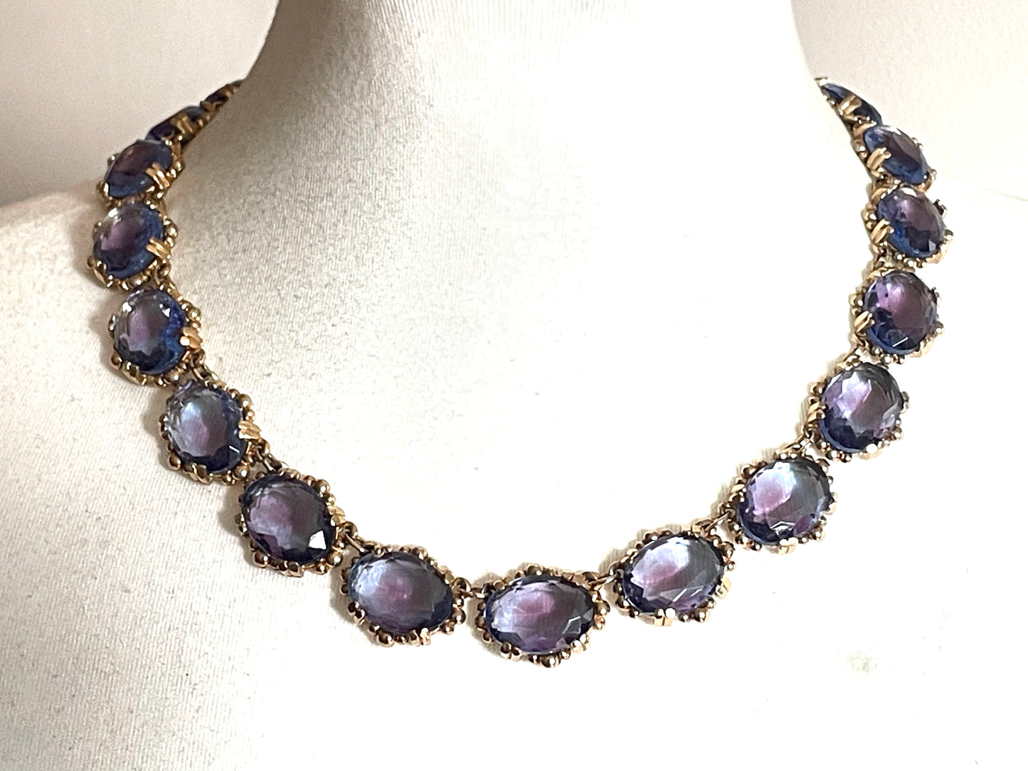 Vintage beautiful bi-colour amethyst purple and sapphire blue crystal rhinestone riviere necklace by Sphinx, rare and delicate colours