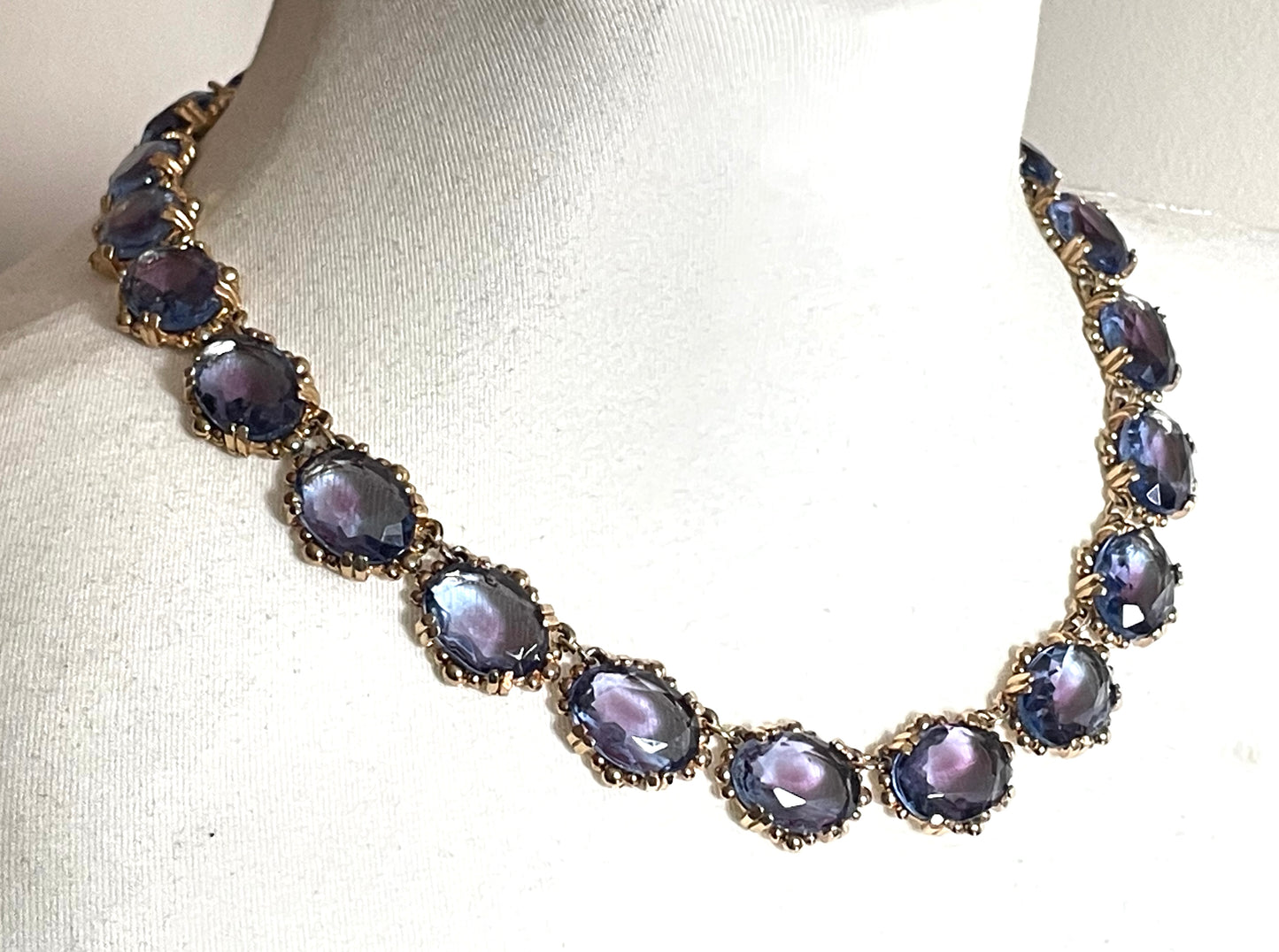 Vintage beautiful bi-colour amethyst purple and sapphire blue crystal rhinestone riviere necklace by Sphinx, rare and delicate colours