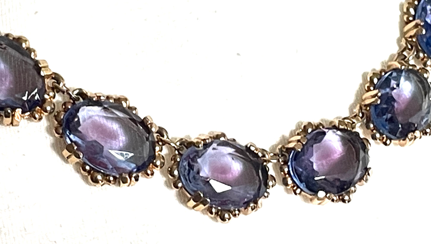 Vintage beautiful bi-colour amethyst purple and sapphire blue crystal rhinestone riviere necklace by Sphinx, rare and delicate colours