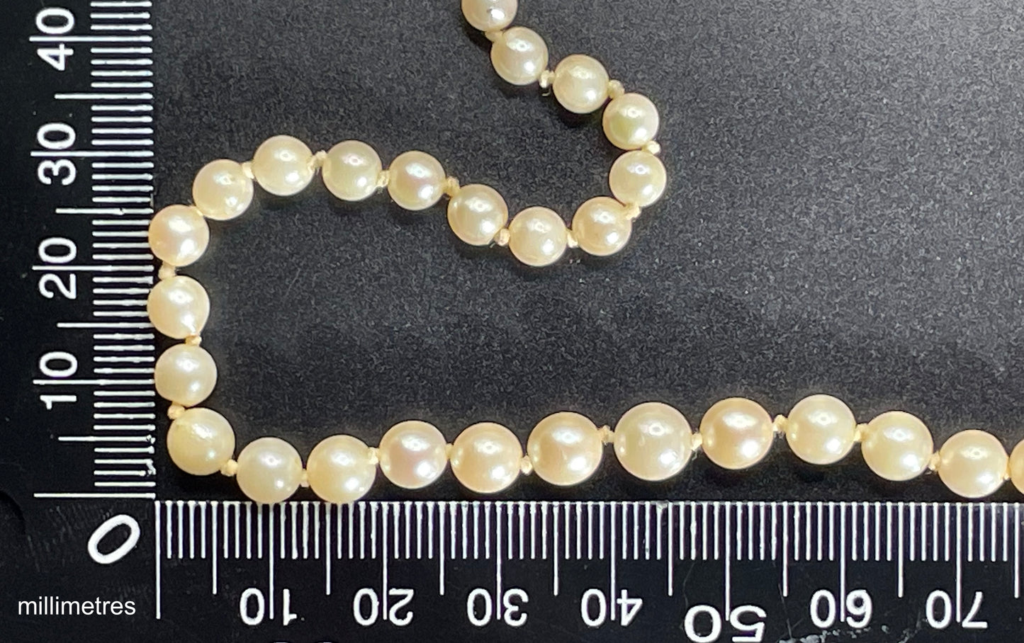 Vintage real cultured pearl necklace, graduated in size, hand-knotted, pretty engraved sterling silver clasp, mid-length