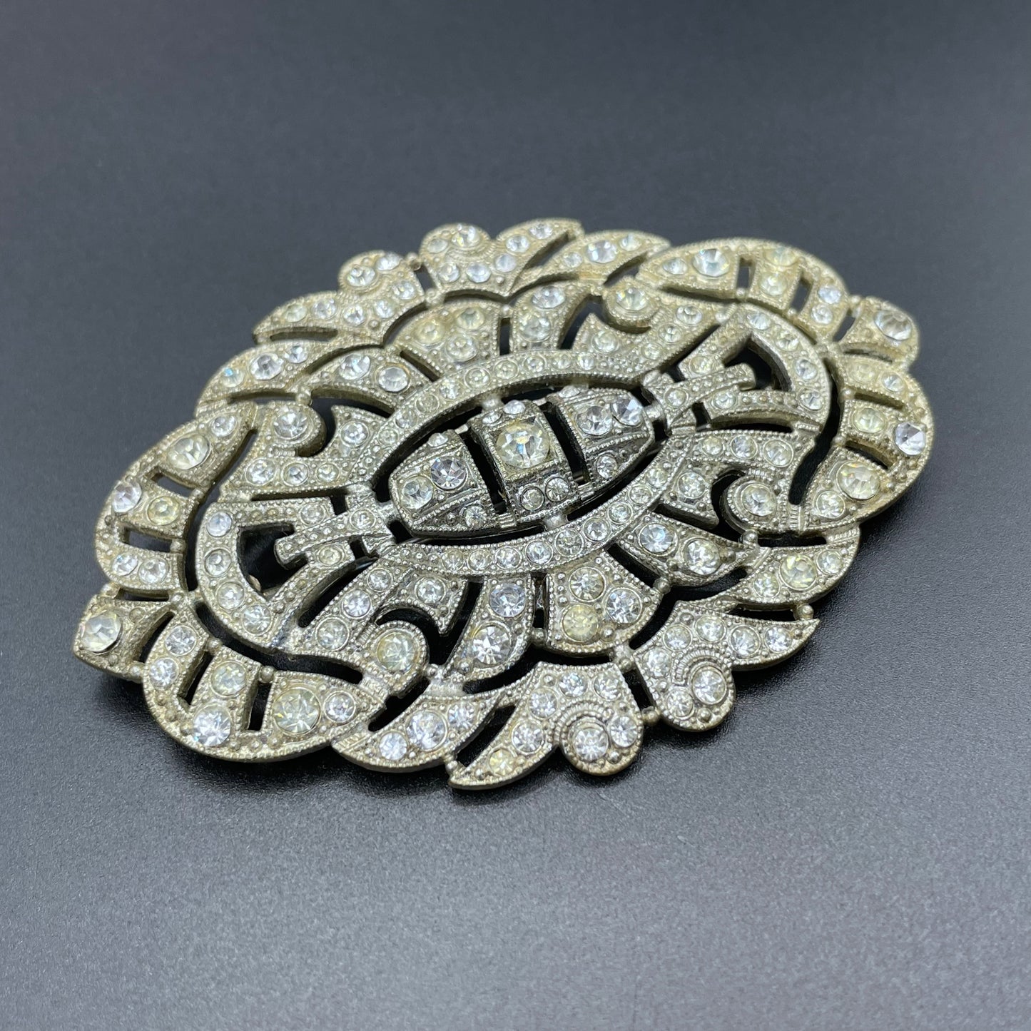 Huge vintage Art Deco paste brooch, with ice clear rhinestones and trombone clasp possibly French, large size