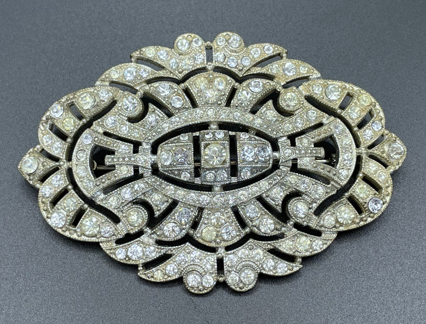 Huge vintage Art Deco paste brooch, with ice clear rhinestones and trombone clasp possibly French, large size