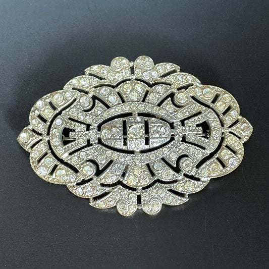 Huge vintage Art Deco paste brooch, with ice clear rhinestones and trombone clasp possibly French, large size