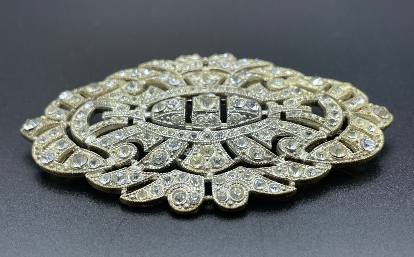 Huge vintage Art Deco paste brooch, with ice clear rhinestones and trombone clasp possibly French, large size