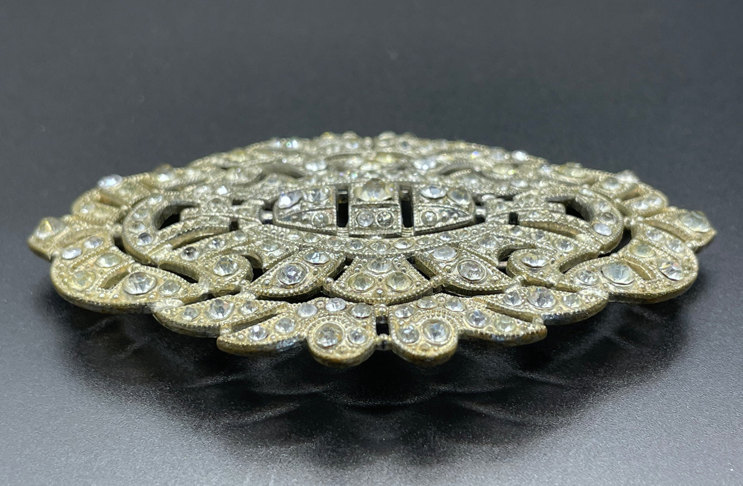 Huge vintage Art Deco paste brooch, with ice clear rhinestones and trombone clasp possibly French, large size