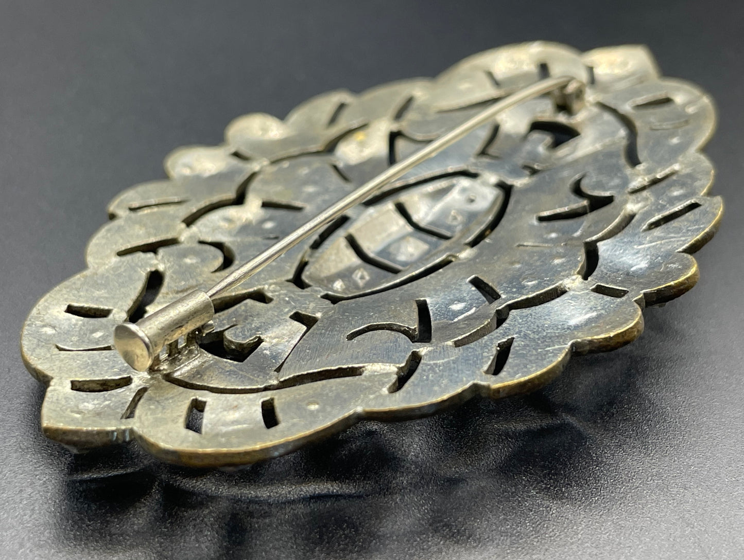 Huge vintage Art Deco paste brooch, with ice clear rhinestones and trombone clasp possibly French, large size