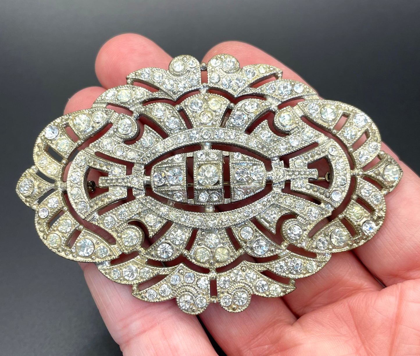 Huge vintage Art Deco paste brooch, with ice clear rhinestones and trombone clasp possibly French, large size