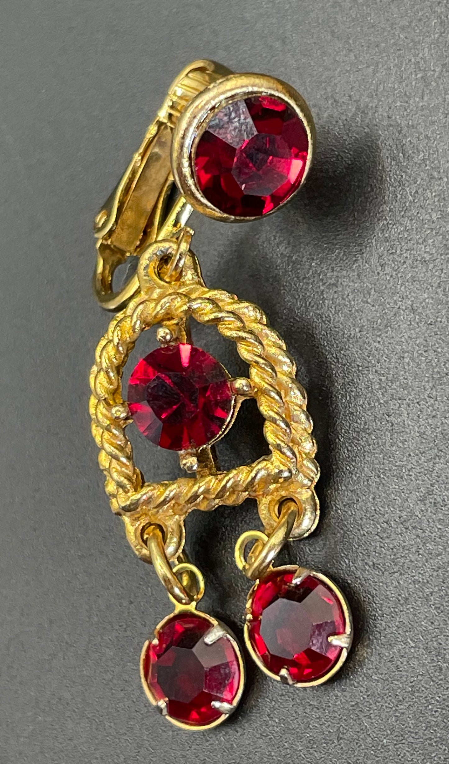 Vintage signed Lisner 1970s long gold tone and ruby red rhinestone chandelier pendant disco necklace and clip on earrings set