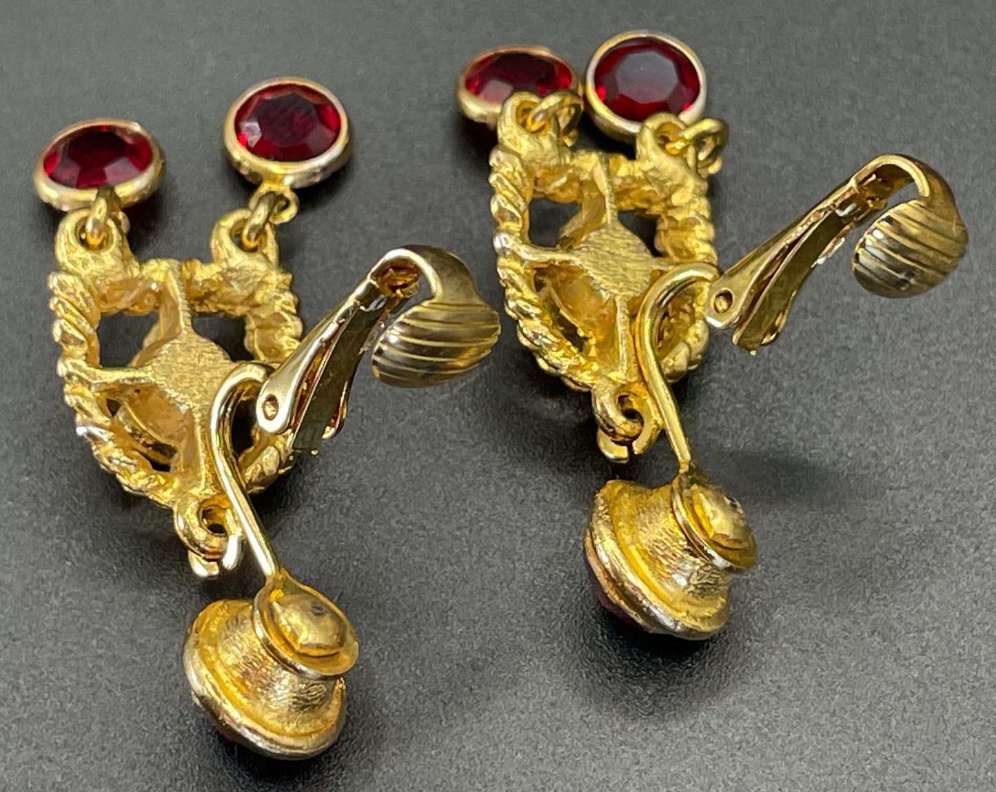 Vintage signed Lisner 1970s long gold tone and ruby red rhinestone chandelier pendant disco necklace and clip on earrings set