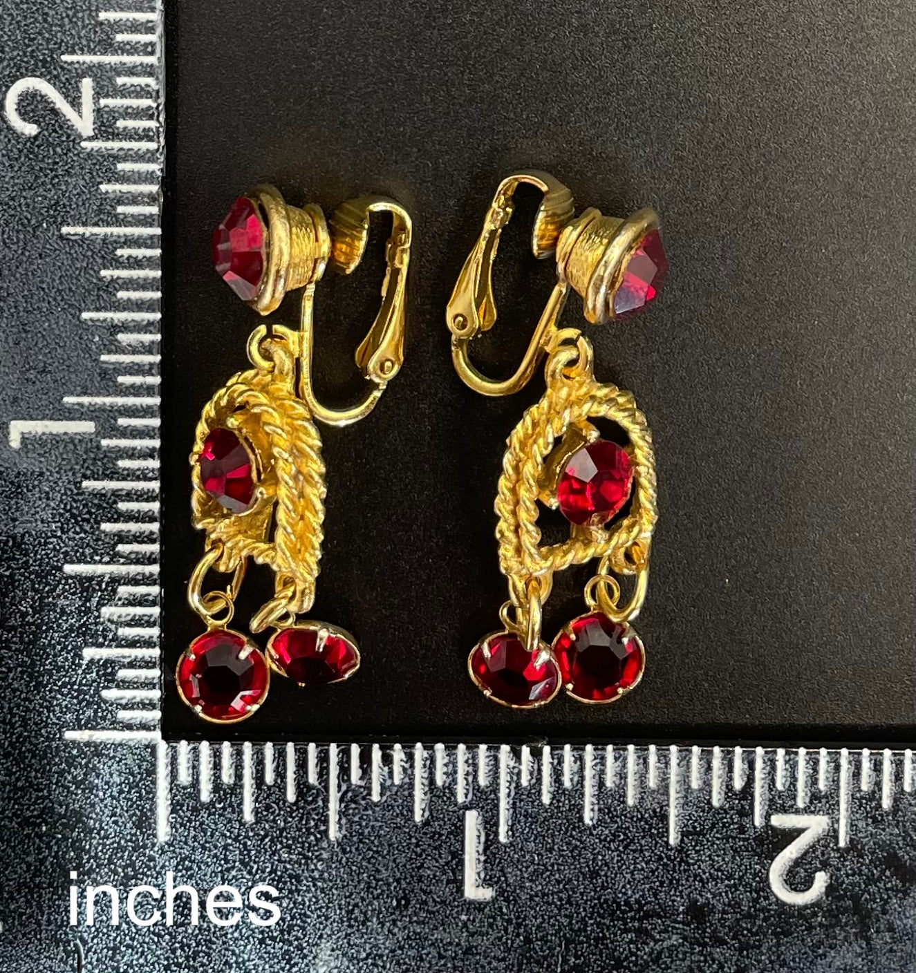 Vintage signed Lisner 1970s long gold tone and ruby red rhinestone chandelier pendant disco necklace and clip on earrings set