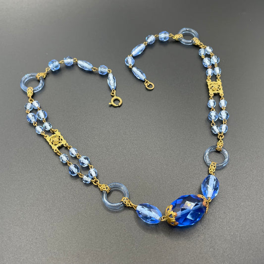 Vintage Czech blue glass ring Art Deco beaded necklace with beautiful cornflower blue glass beads and gold tone filigree
