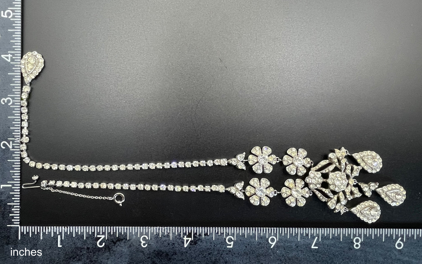 Vintage unsigned Attwood & Sawyer baroque style, ornate rhinestone necklace and matching clip on earrings, encrusted with clear rhinestones