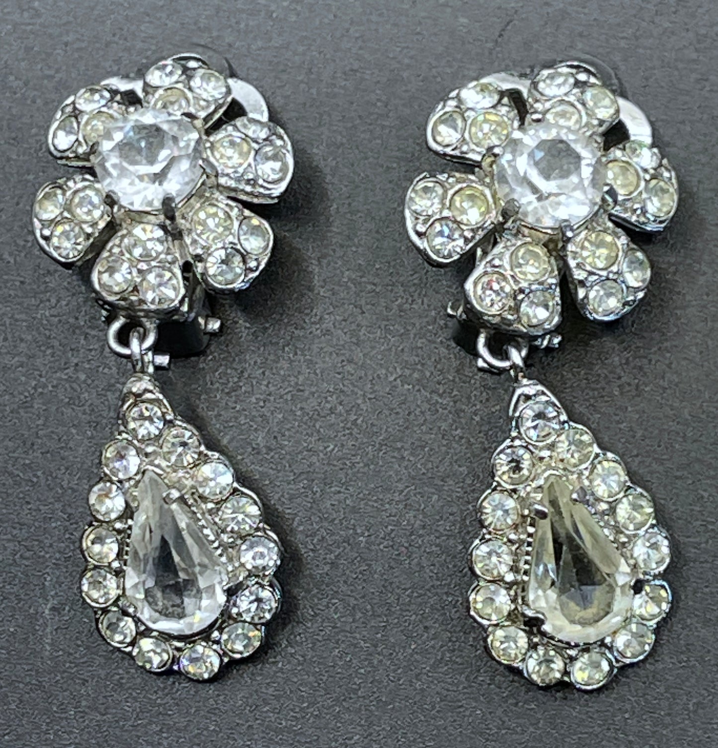 Vintage unsigned Attwood & Sawyer baroque style, ornate rhinestone necklace and matching clip on earrings, encrusted with clear rhinestones