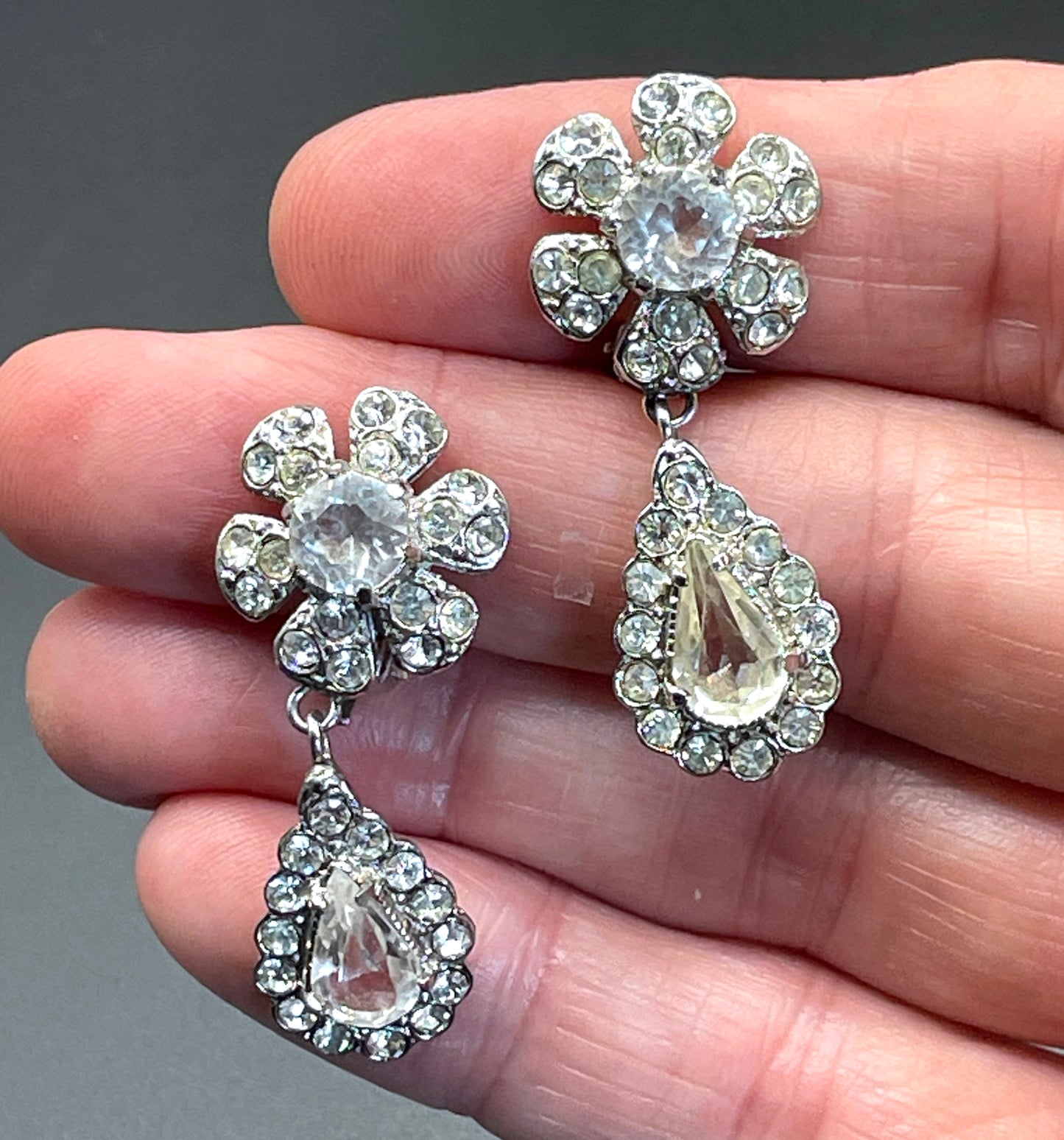 Vintage unsigned Attwood & Sawyer baroque style, ornate rhinestone necklace and matching clip on earrings, encrusted with clear rhinestones