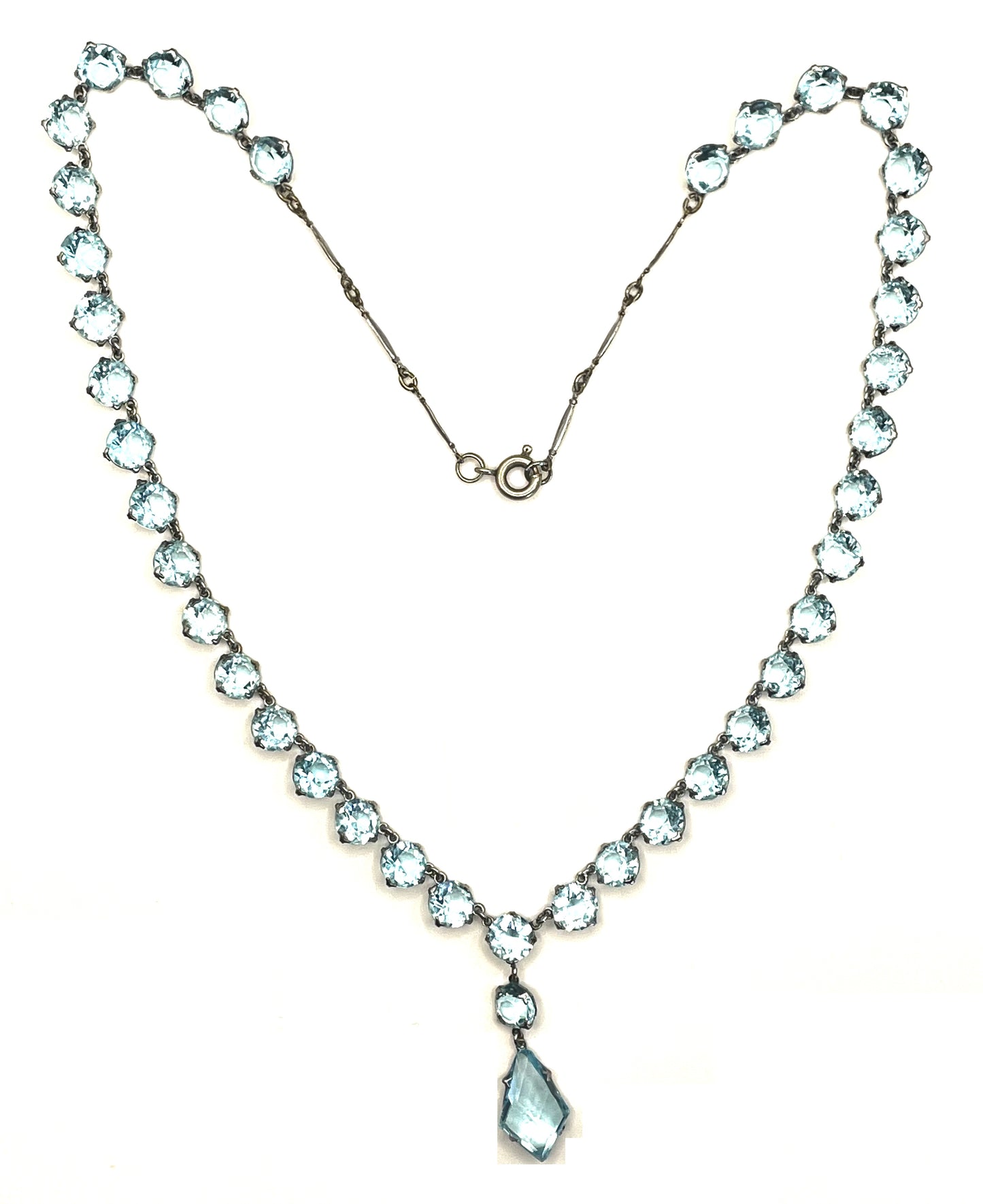 Vintage Art Deco light sapphire blue paste riviere necklace with crystal drop, bezel set open backed stones set in silver tone