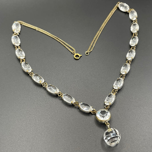 Antique / vintage paste riviere necklace, open backed gold tone brass settings, beautiful clear rhinestones, crystal pendant drop