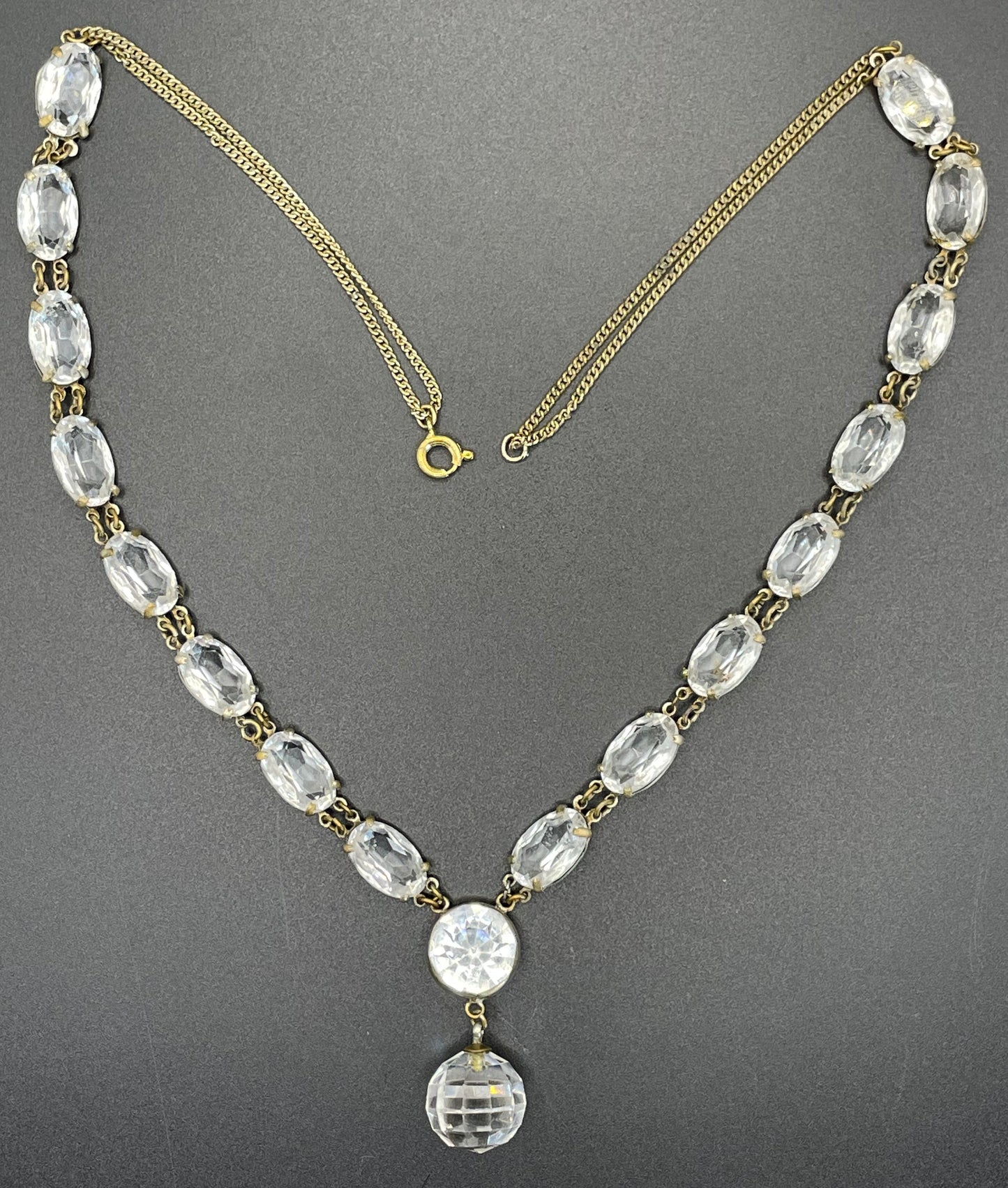 Antique / vintage paste riviere necklace, open backed gold tone brass settings, beautiful clear rhinestones, crystal pendant drop