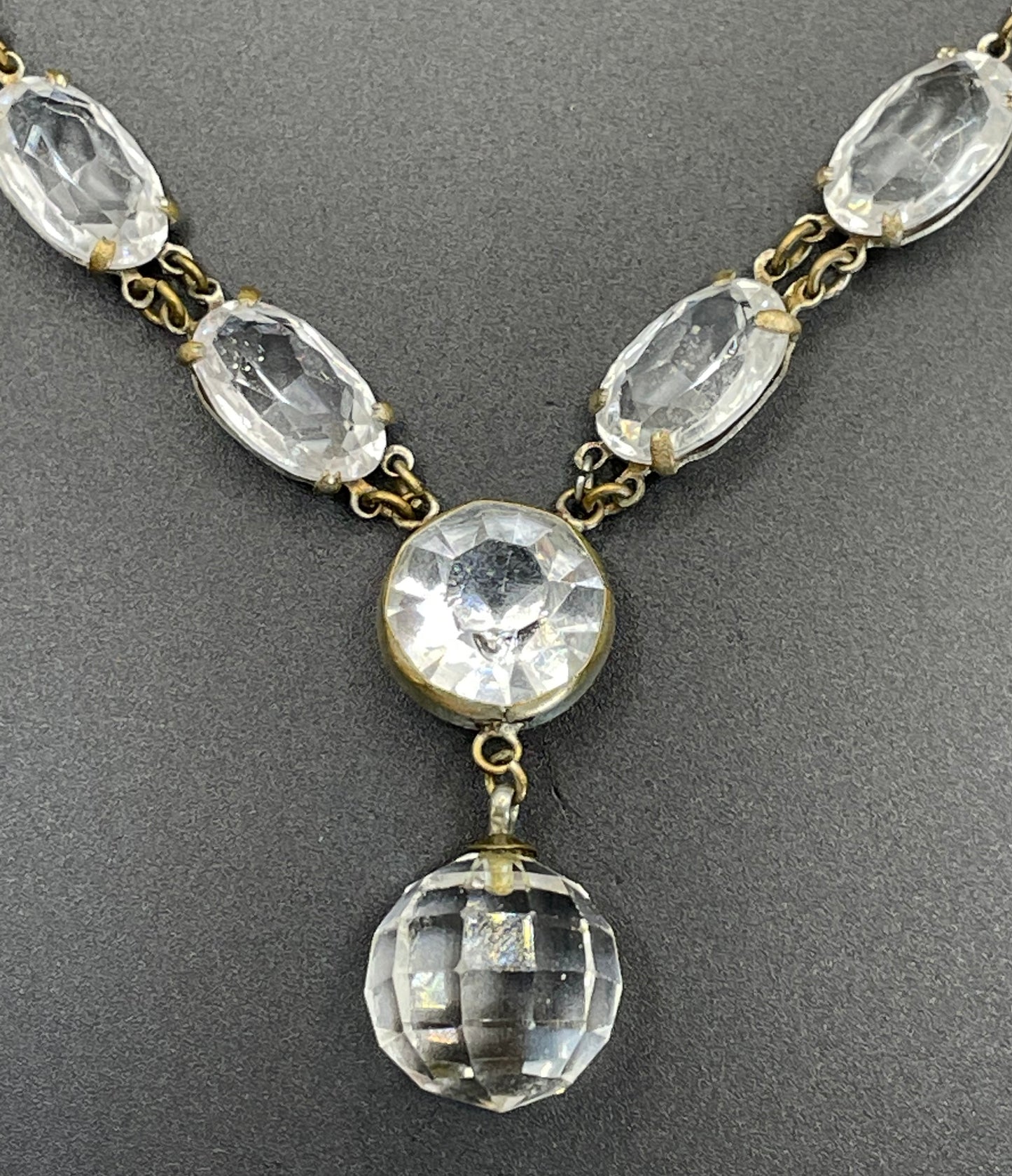 Antique / vintage paste riviere necklace, open backed gold tone brass settings, beautiful clear rhinestones, crystal pendant drop