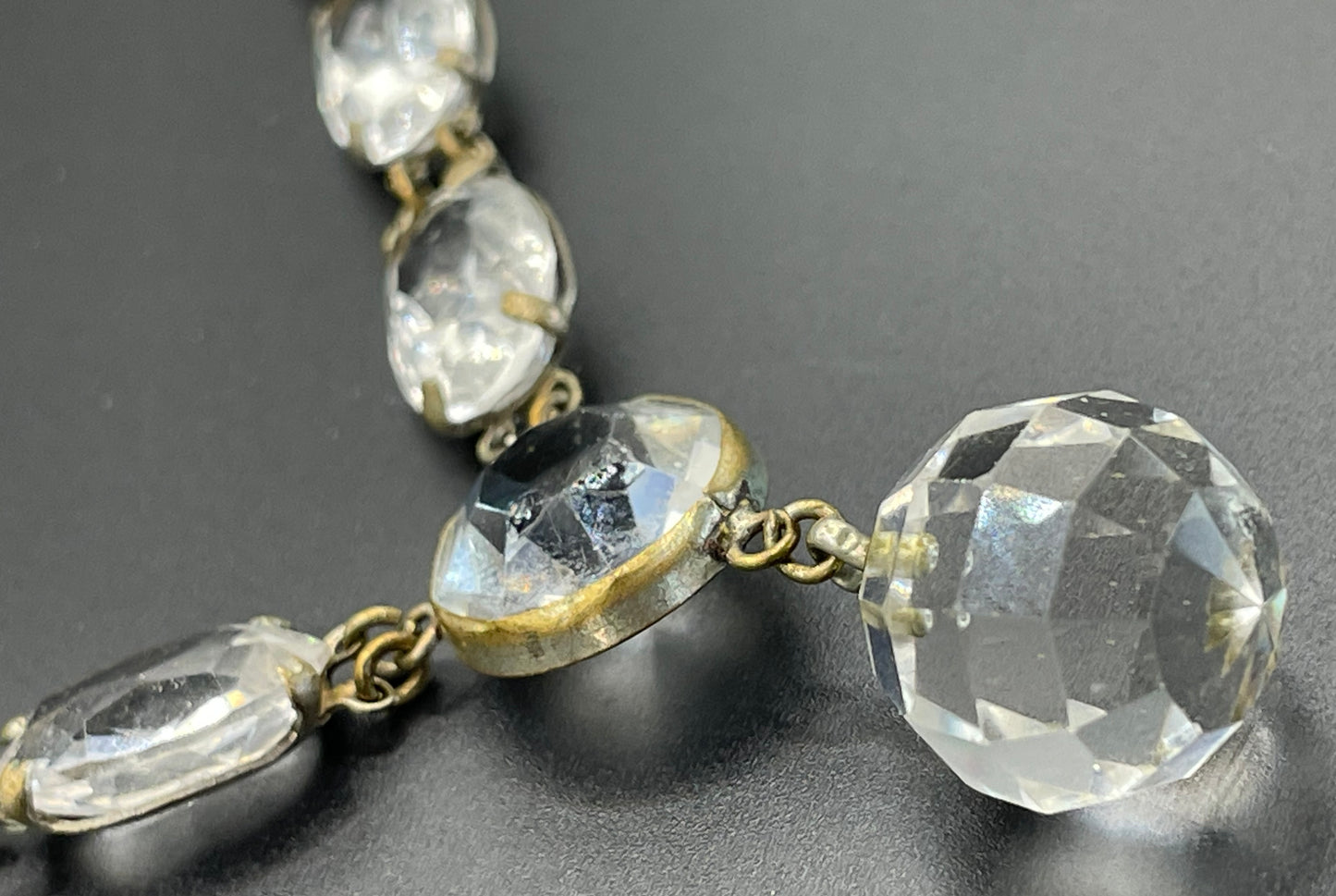 Antique / vintage paste riviere necklace, open backed gold tone brass settings, beautiful clear rhinestones, crystal pendant drop