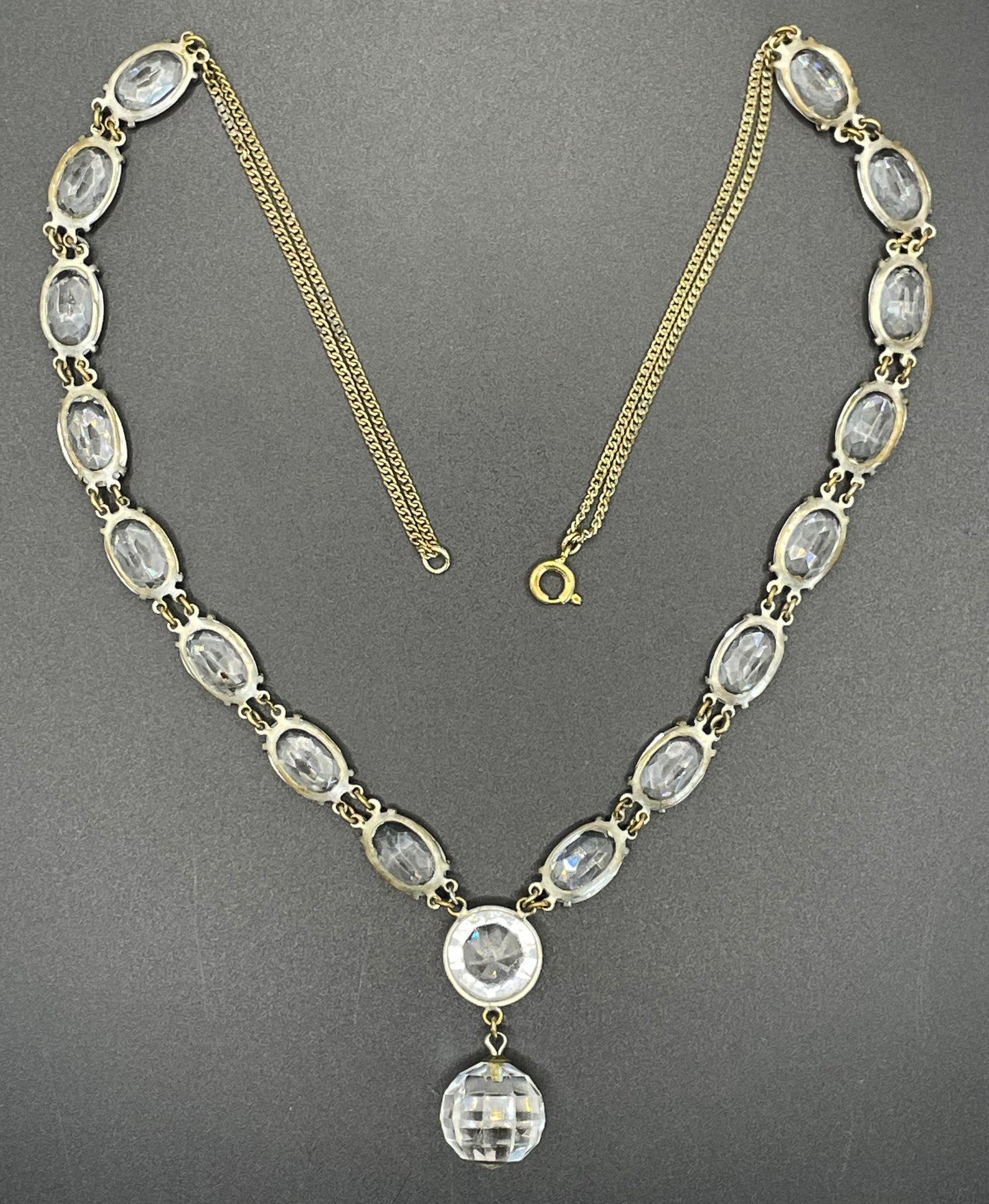 Antique / vintage paste riviere necklace, open backed gold tone brass settings, beautiful clear rhinestones, crystal pendant drop