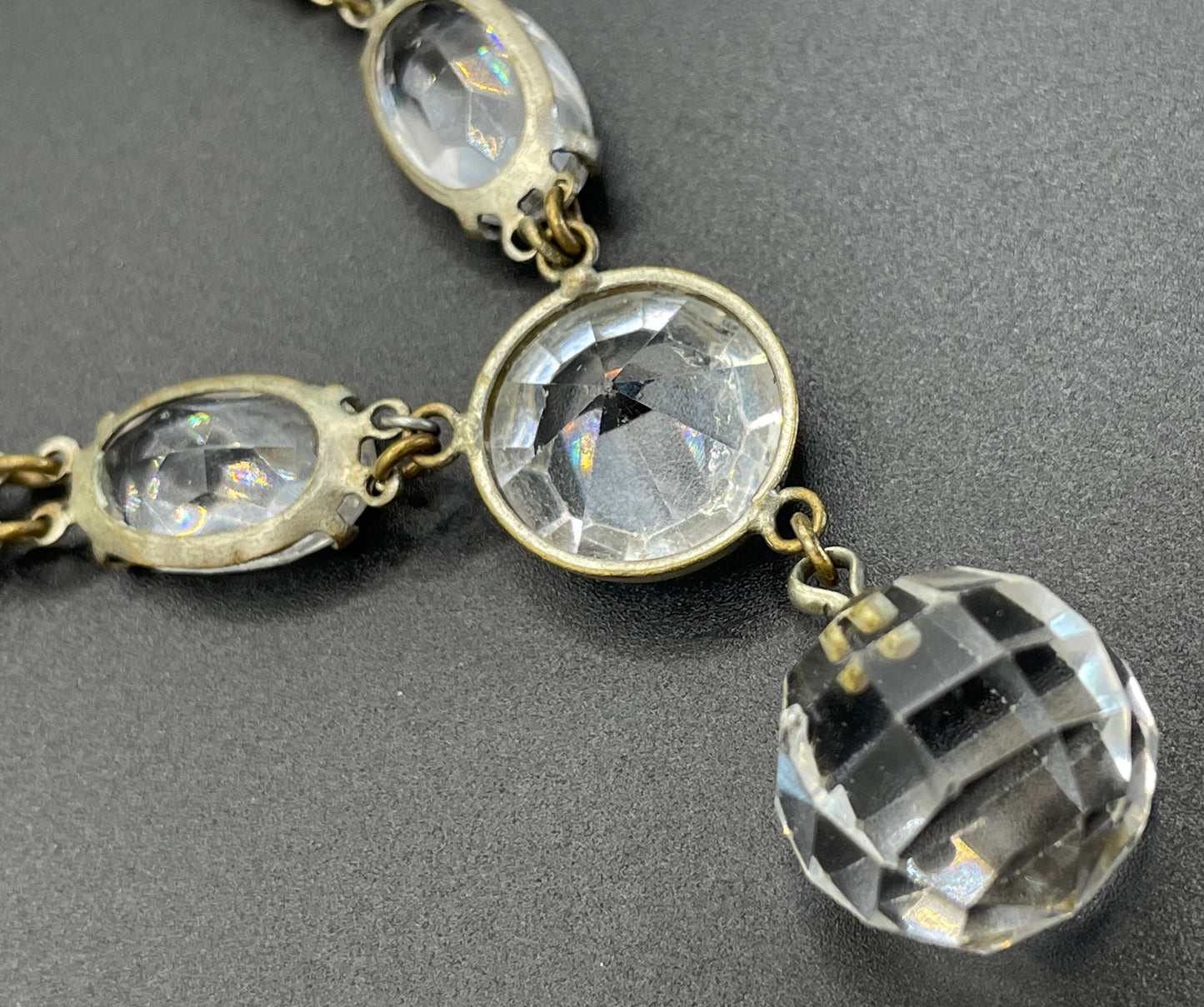 Antique / vintage paste riviere necklace, open backed gold tone brass settings, beautiful clear rhinestones, crystal pendant drop