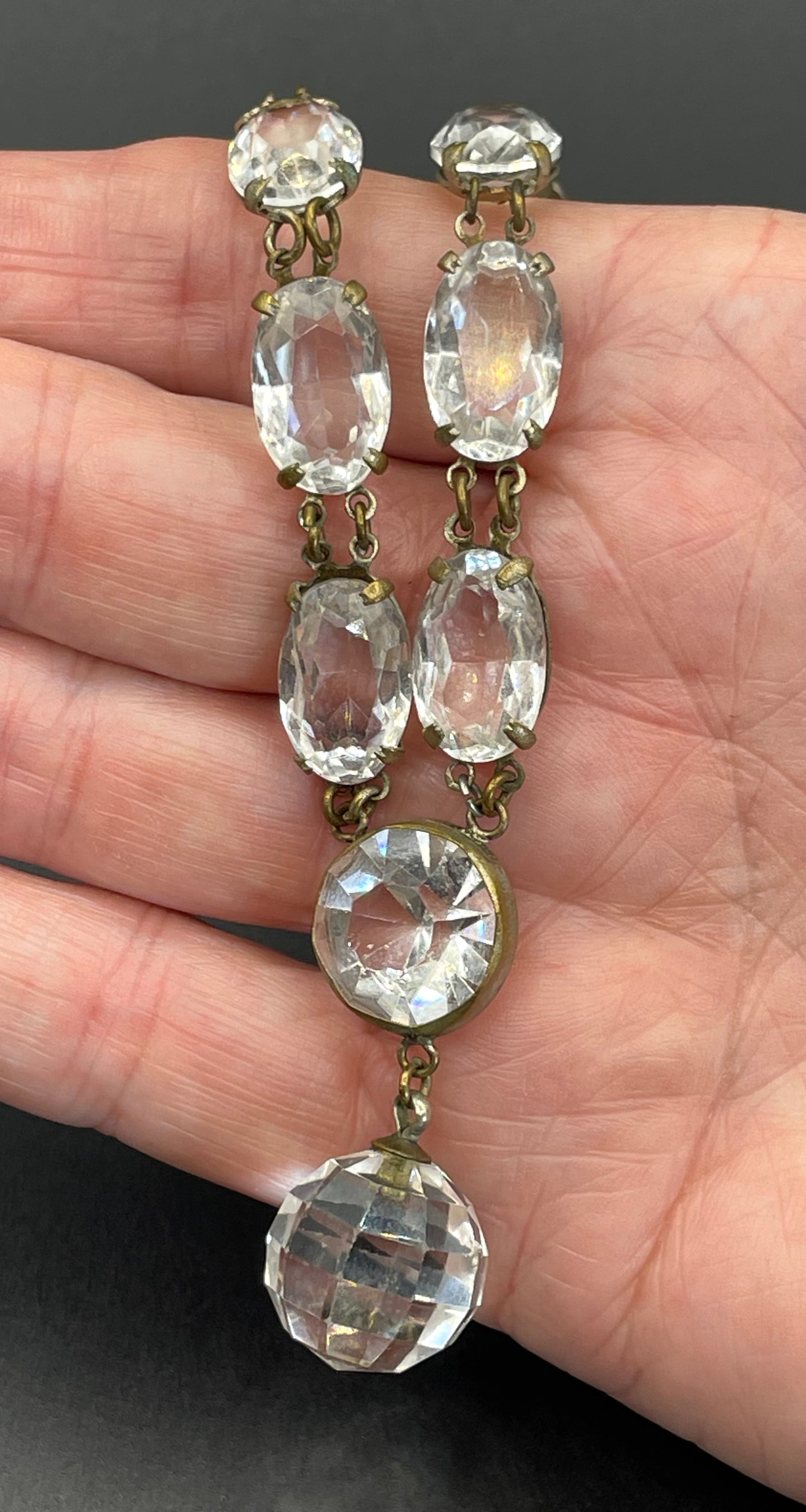 Antique / vintage paste riviere necklace, open backed gold tone brass settings, beautiful clear rhinestones, crystal pendant drop