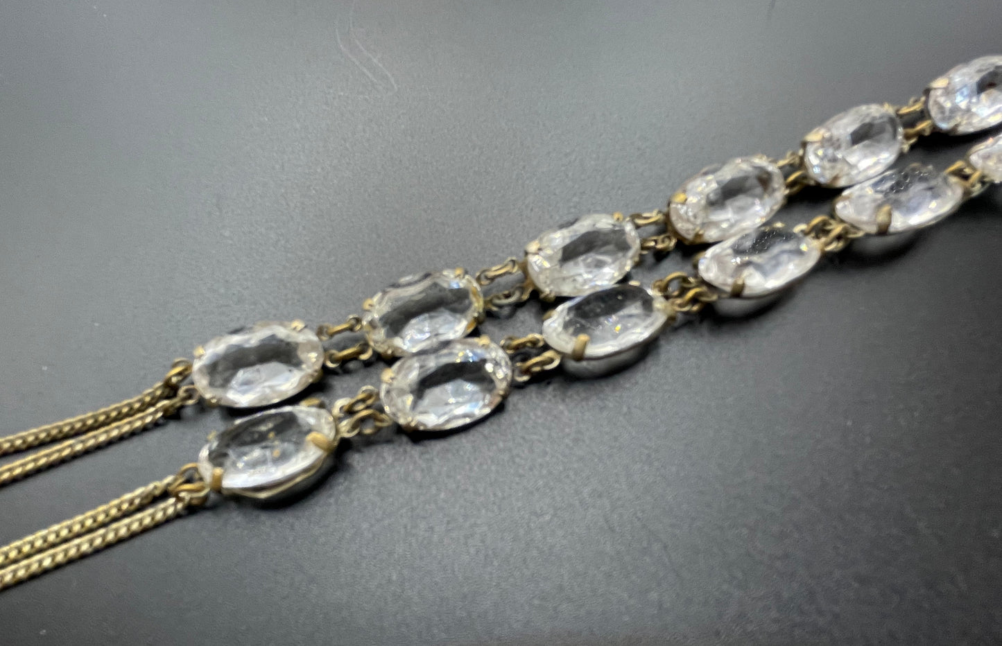 Antique / vintage paste riviere necklace, open backed gold tone brass settings, beautiful clear rhinestones, crystal pendant drop
