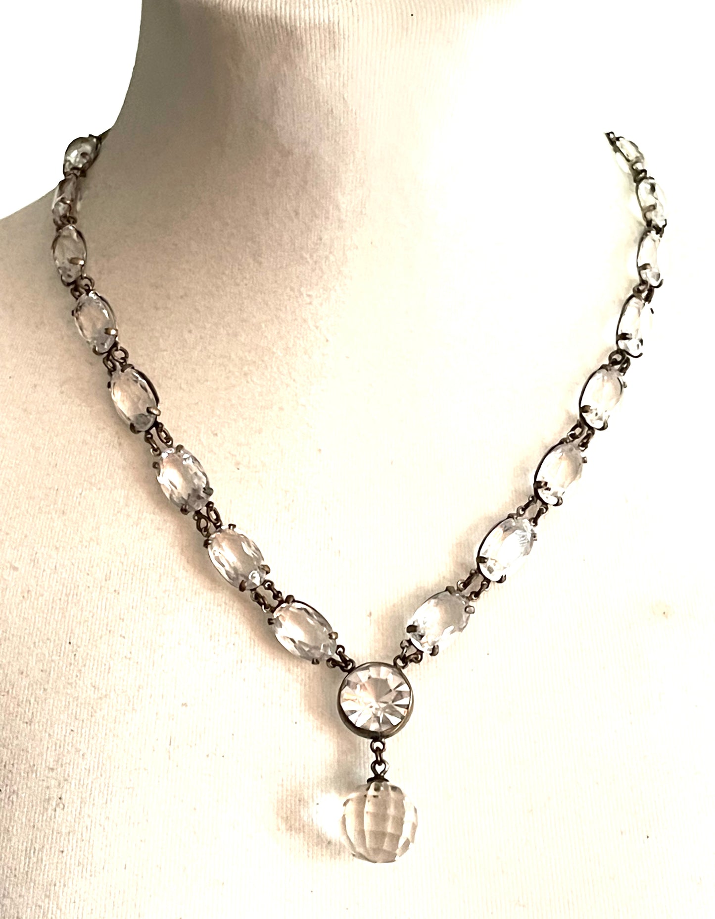 Antique / vintage paste riviere necklace, open backed gold tone brass settings, beautiful clear rhinestones, crystal pendant drop