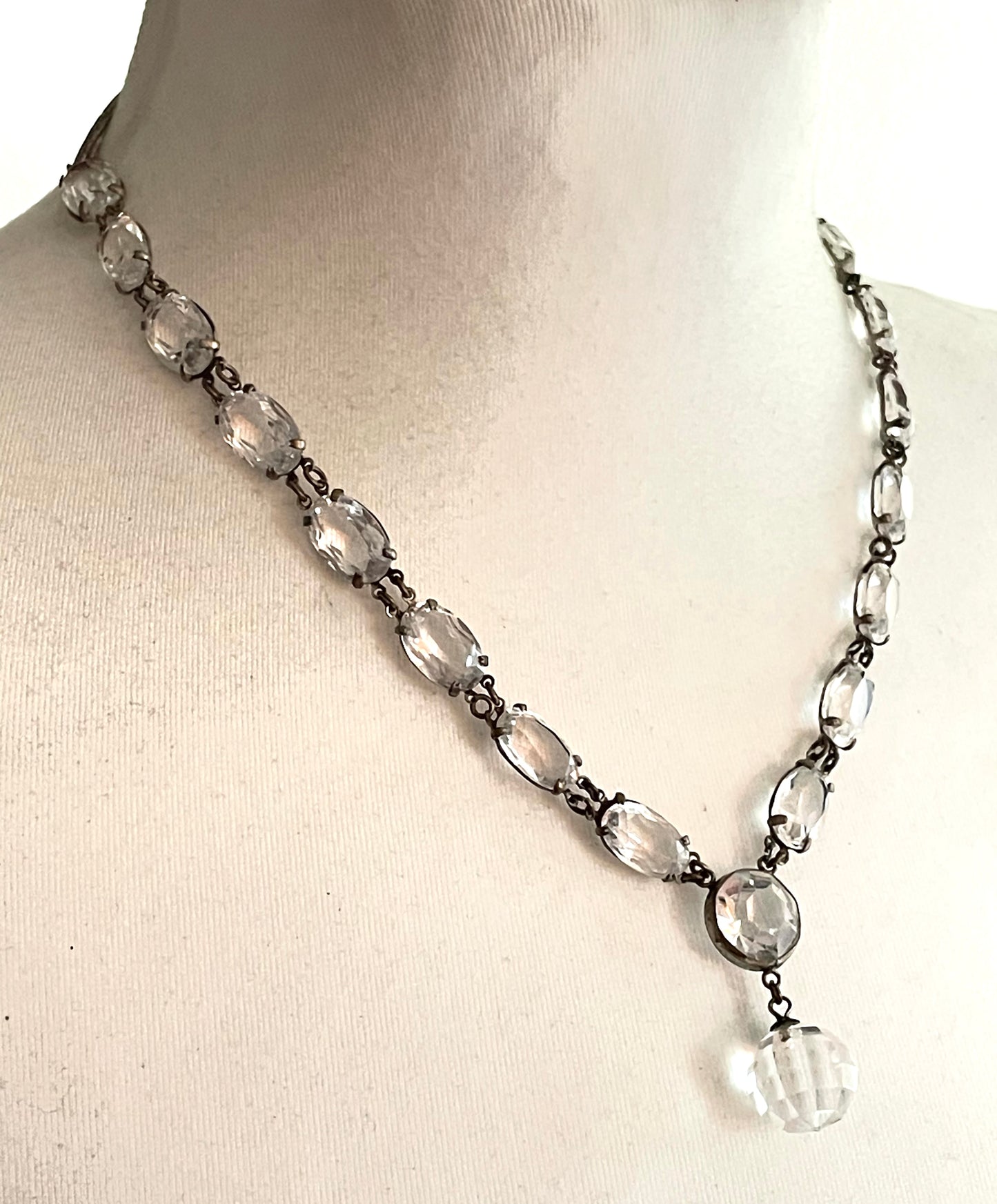 Antique / vintage paste riviere necklace, open backed gold tone brass settings, beautiful clear rhinestones, crystal pendant drop