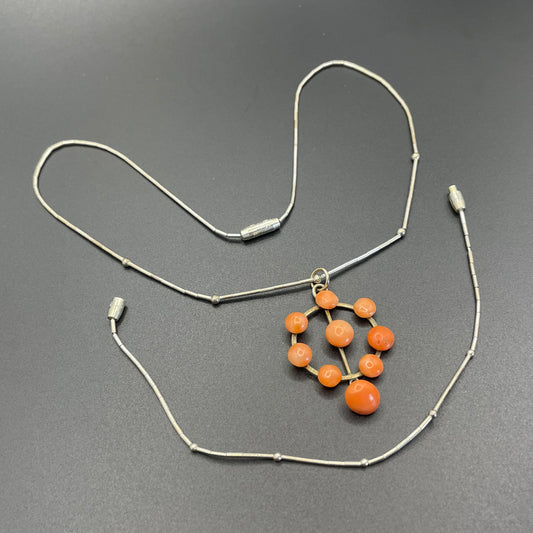 Vintage / antique real coral cabochon and sterling silver pendant, paired with a sterling silver choker necklace and matching bracelet