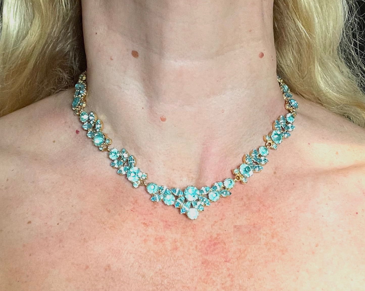 Vintage Givenchy aqua blue rhinestone necklace, gold plated, couture, designer piece