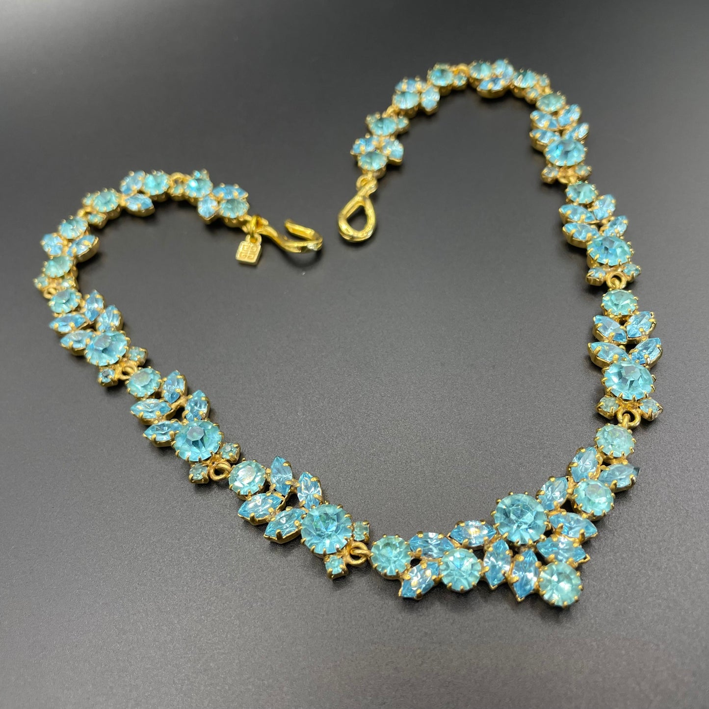 Vintage Givenchy aqua blue rhinestone necklace, gold plated, couture, designer piece