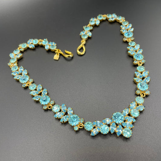 Vintage Givenchy aqua blue rhinestone necklace, gold plated, couture, designer piece