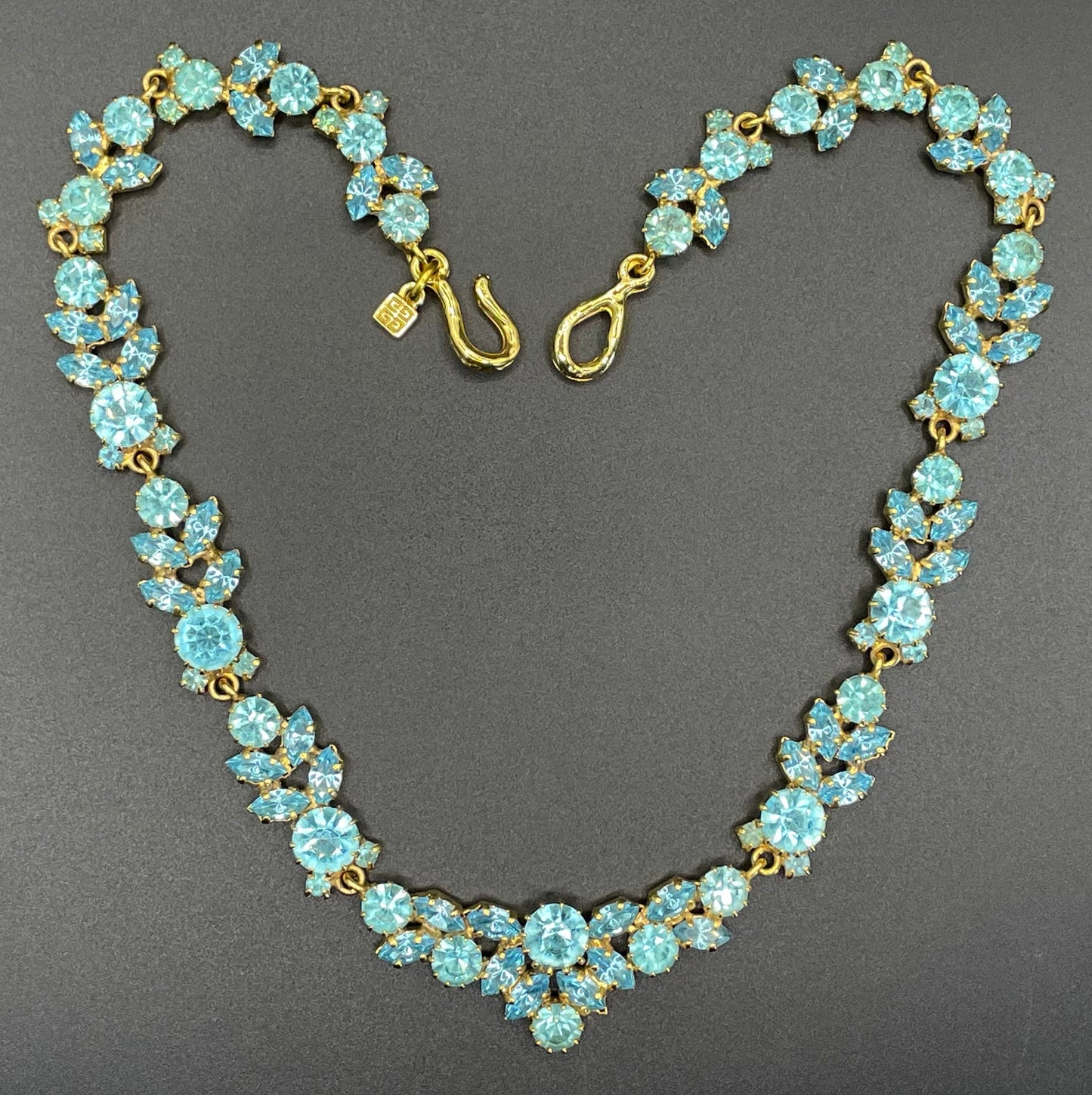 Vintage Givenchy aqua blue rhinestone necklace, gold plated, couture, designer piece