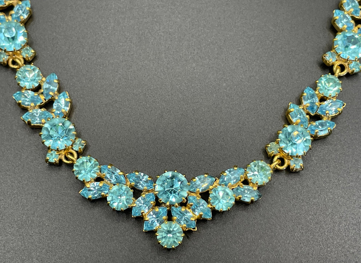 Vintage Givenchy aqua blue rhinestone necklace, gold plated, couture, designer piece