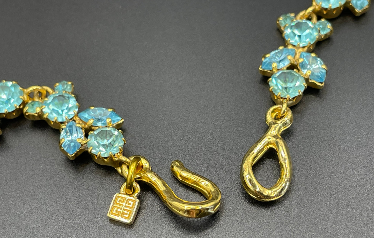 Vintage Givenchy aqua blue rhinestone necklace, gold plated, couture, designer piece