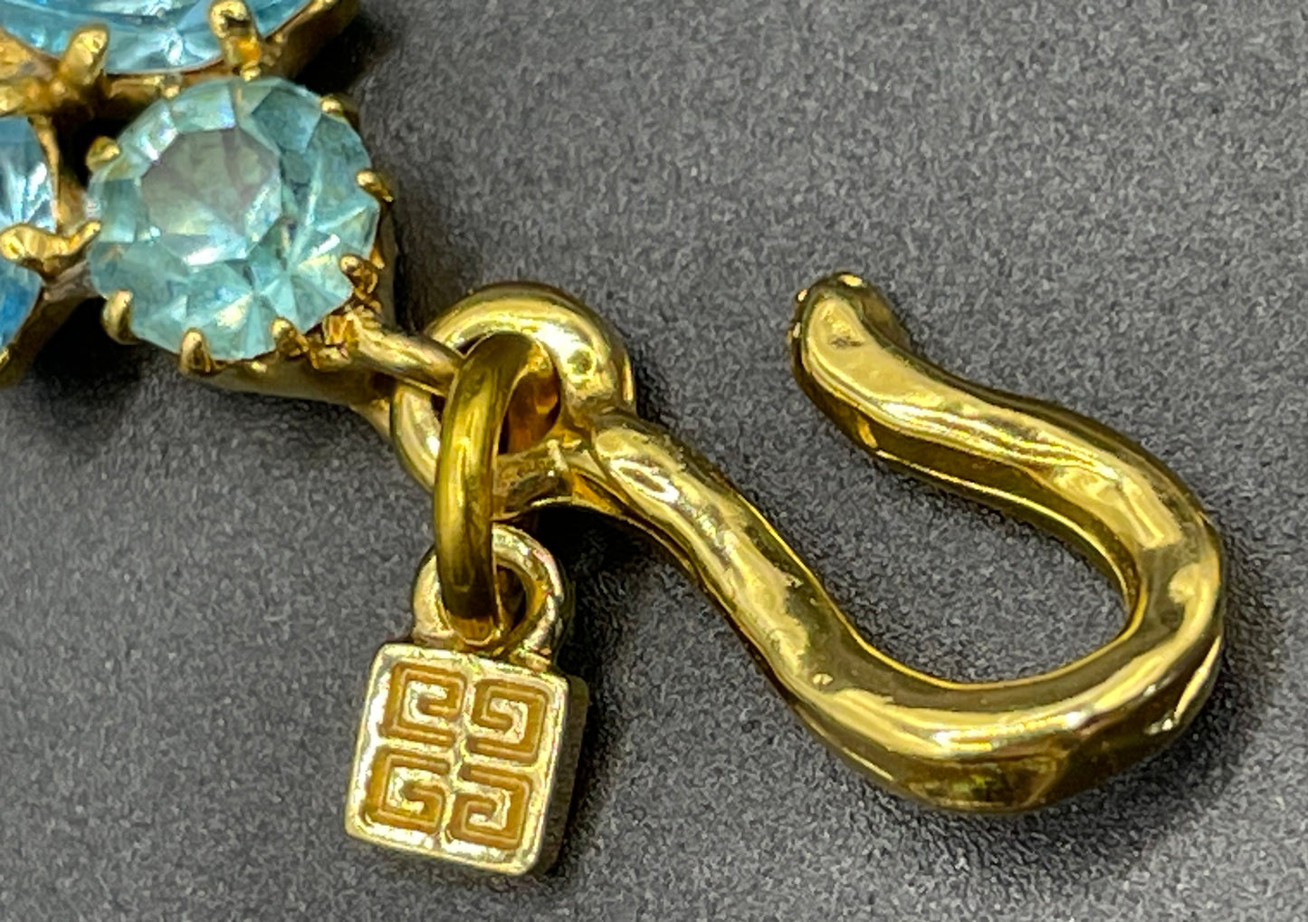 Vintage Givenchy aqua blue rhinestone necklace, gold plated, couture, designer piece