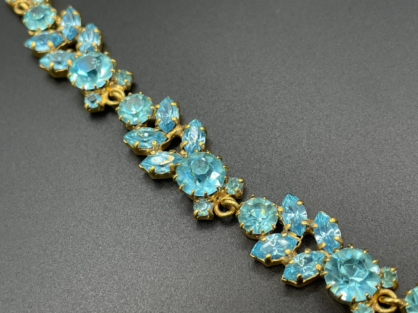 Vintage Givenchy aqua blue rhinestone necklace, gold plated, couture, designer piece