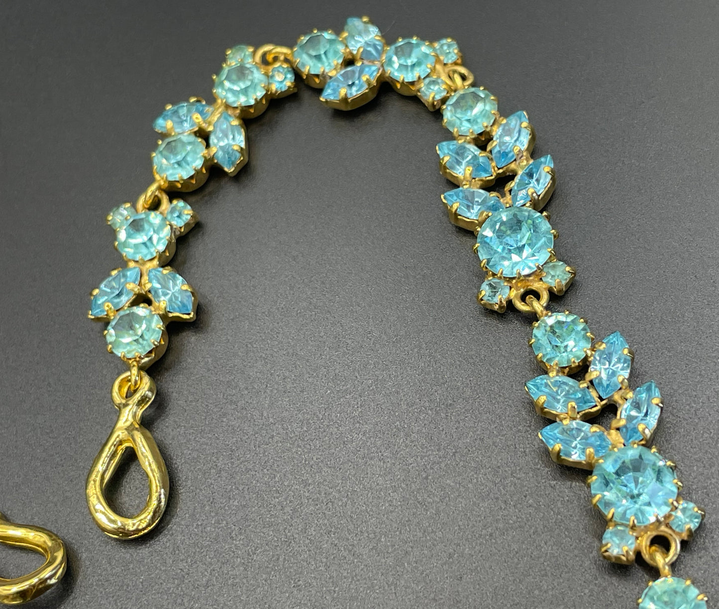 Vintage Givenchy aqua blue rhinestone necklace, gold plated, couture, designer piece