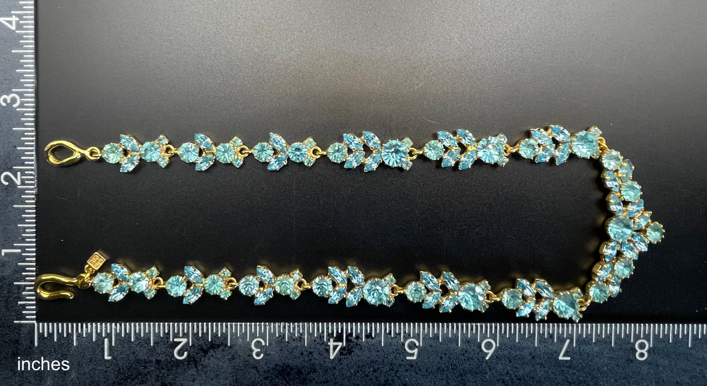 Vintage Givenchy aqua blue rhinestone necklace, gold plated, couture, designer piece