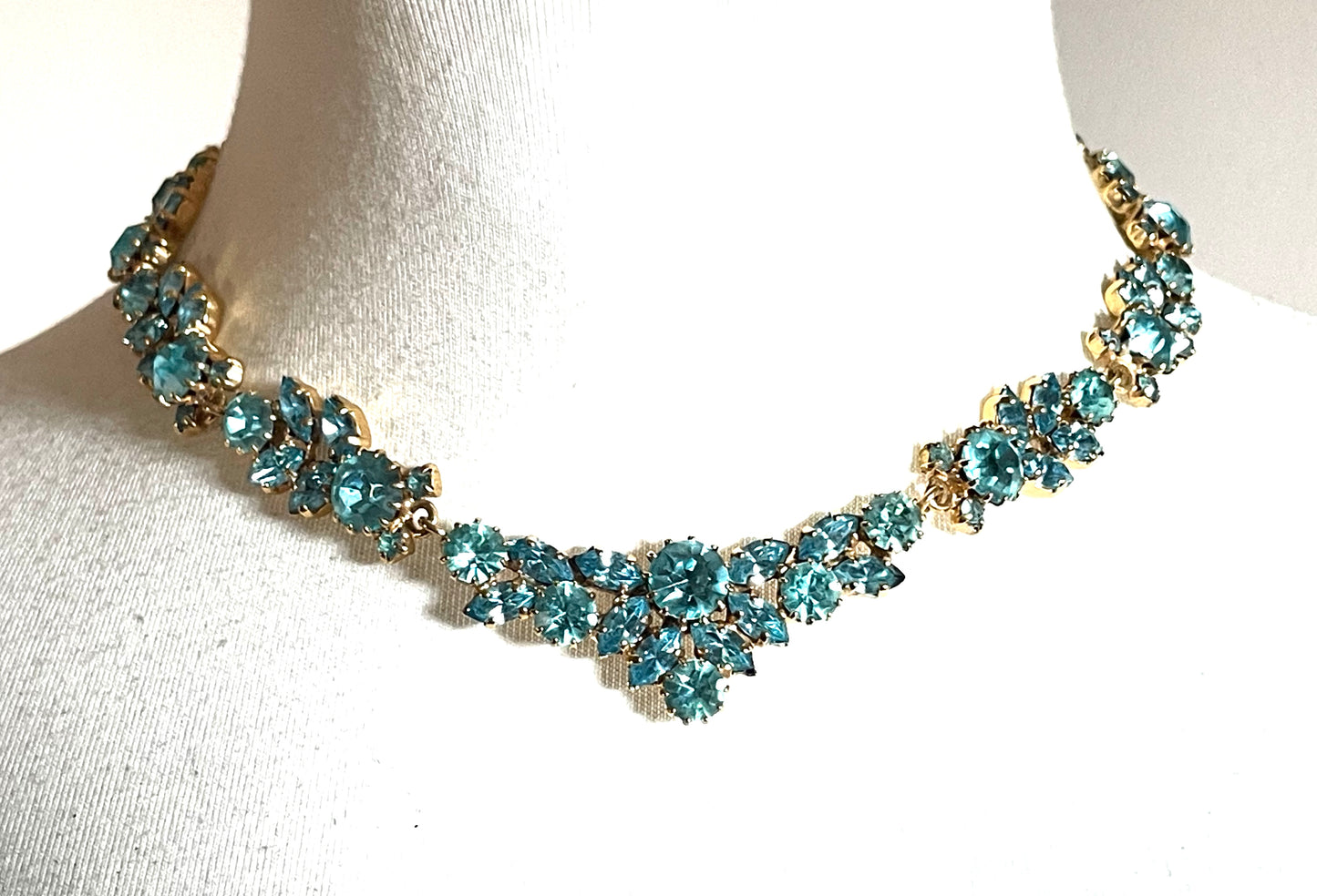 Vintage Givenchy aqua blue rhinestone necklace, gold plated, couture, designer piece