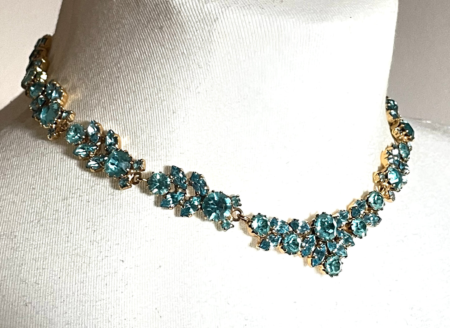 Vintage Givenchy aqua blue rhinestone necklace, gold plated, couture, designer piece