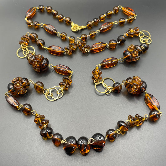 Huge vintage Art Deco 1930s flapper tortoiseshell colour moulded glass bead necklace, longer length, gorgeous floral beads