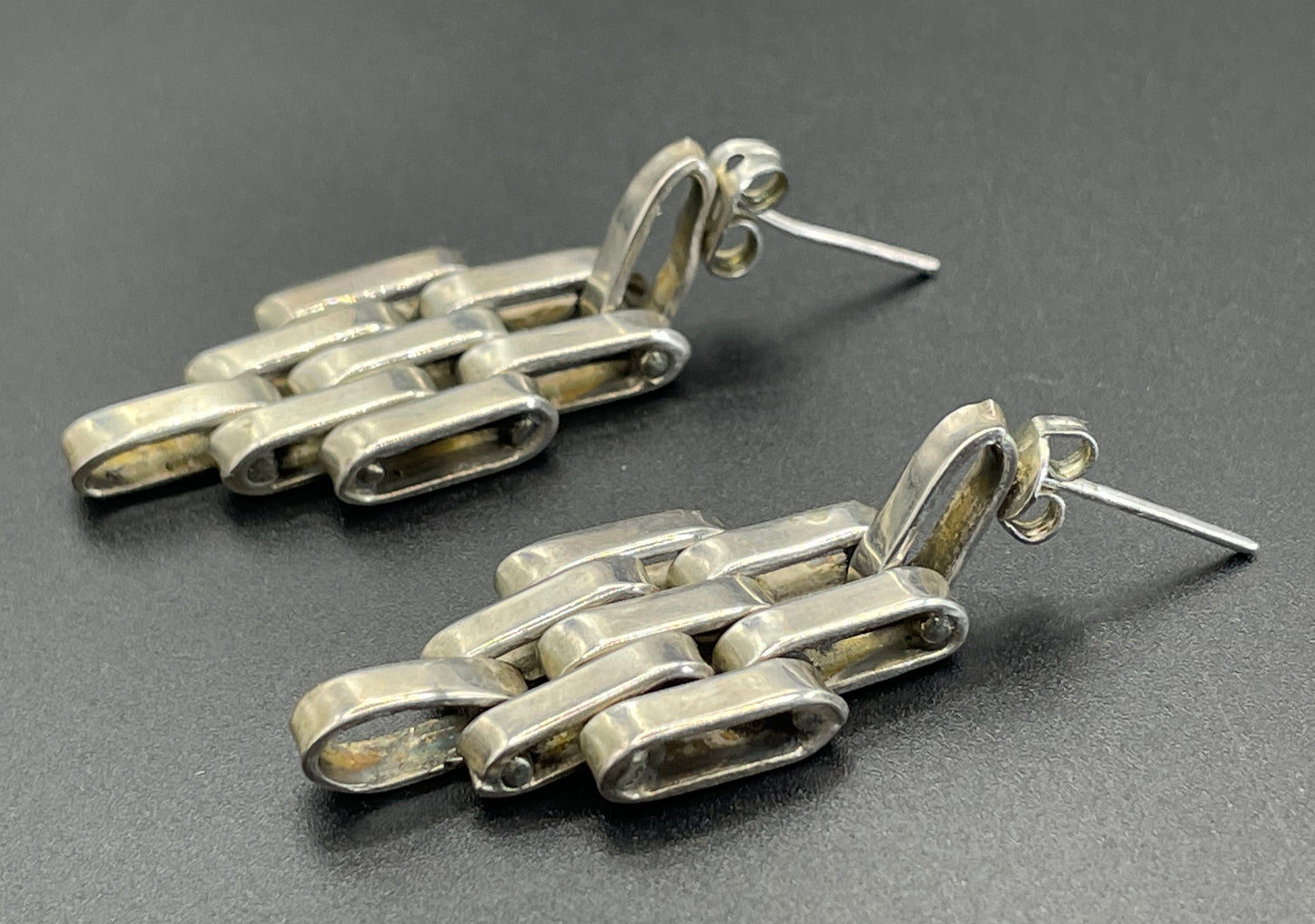 Vintage sterling silver Jakob Bengel style Art Deco machine age brickwork mauerwerk earrings for pierced ears, 10g