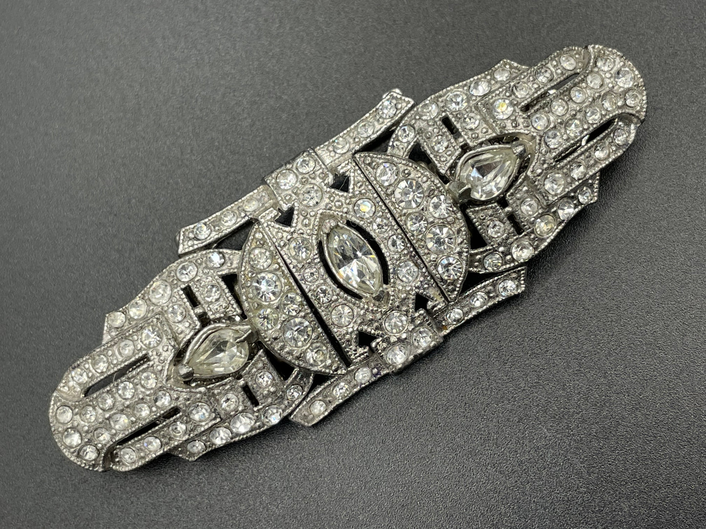 Vintage Art Deco duette - a beautiful rhinestone & silver tone brooch which can be converted to two dress clips and a brooch - 3 pieces in 1