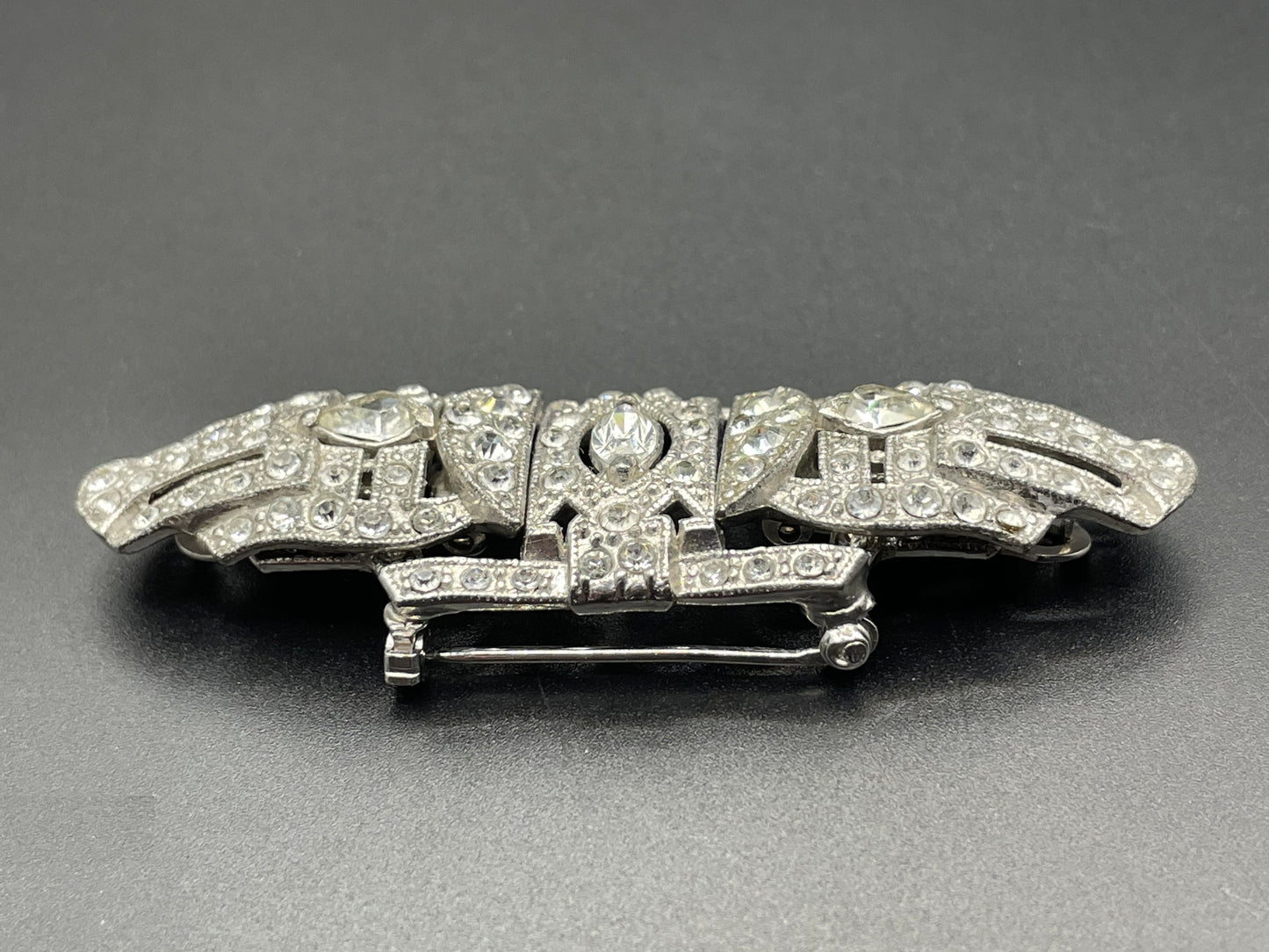 Vintage Art Deco duette - a beautiful rhinestone & silver tone brooch which can be converted to two dress clips and a brooch - 3 pieces in 1